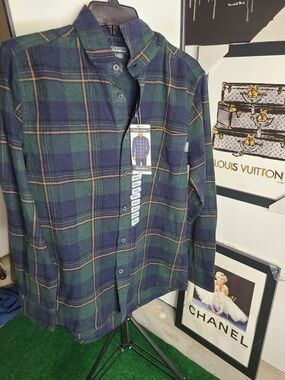 Eddie Bauer Navy and Green Plaid Button-Down Shirt